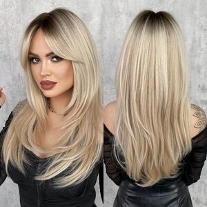 WIGS‎ Long Blonde Wig with Bangs for Women,Heat Resistant Fiber 25 Inch Layered